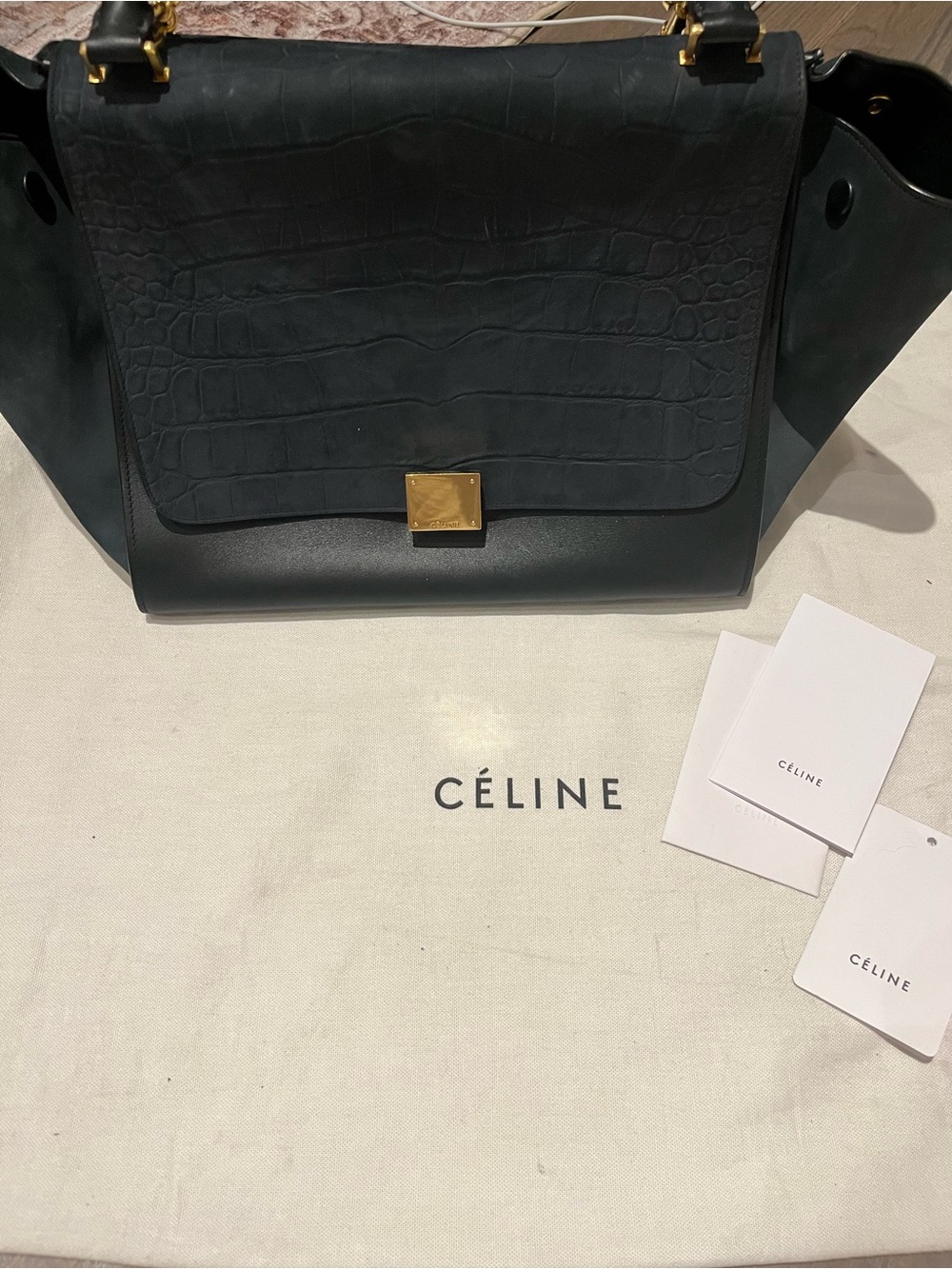 Celine Trapeze Croc-Embossed Leather Shoulder Bag